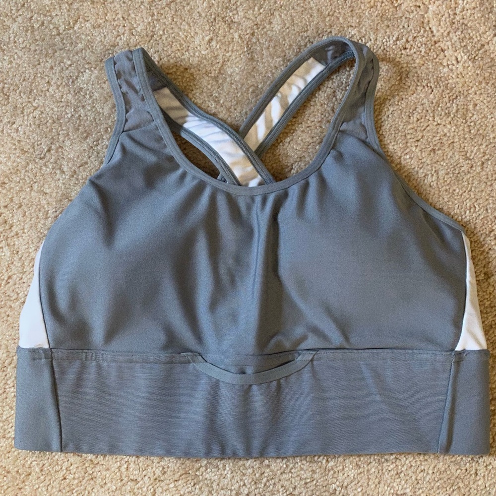 Grey and white longline sports bra